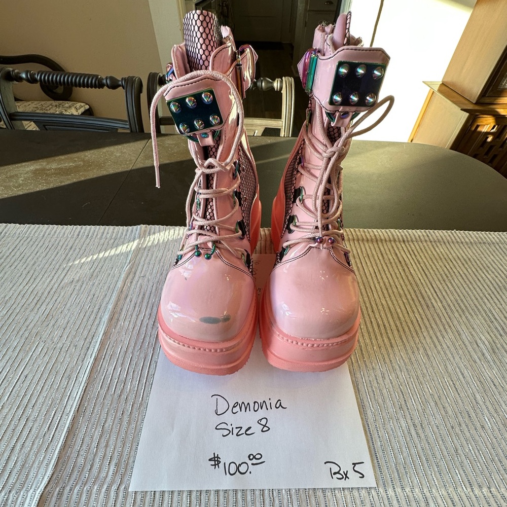 Demonia Pink Platform Combat Boots - Women's Chunky Lace-Up Boots - Picture 2 of 5